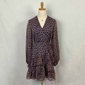 Blue Floral Long Sleeve Wrap Dress